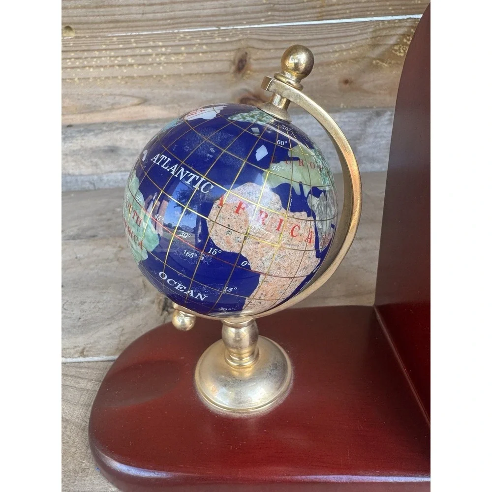 Vintage Gemstone World Globe Bookends, Brass meridian on Wood base